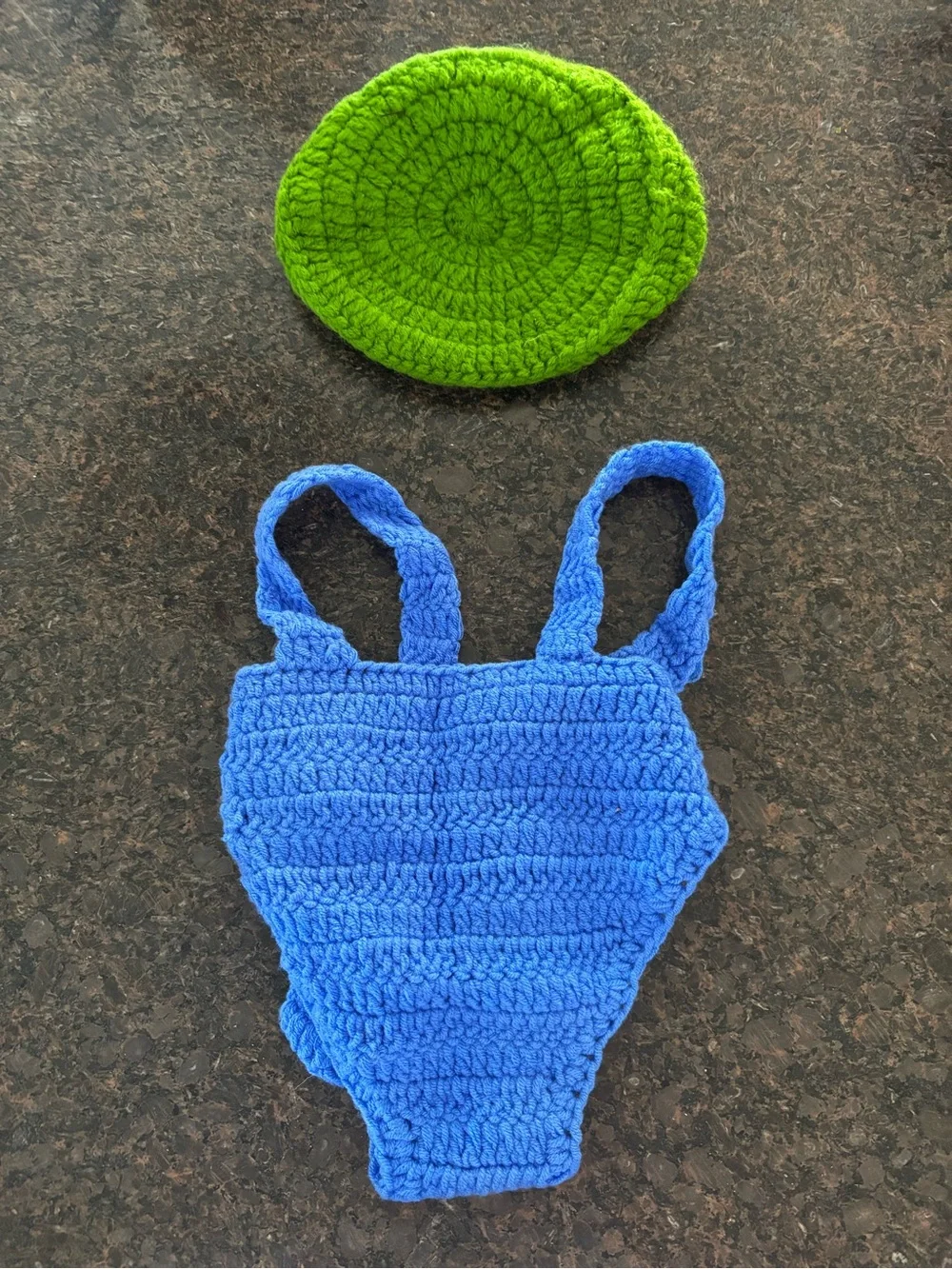 Infant Crochet Luigi Hat and Blue Overalls Set - Green & Blue